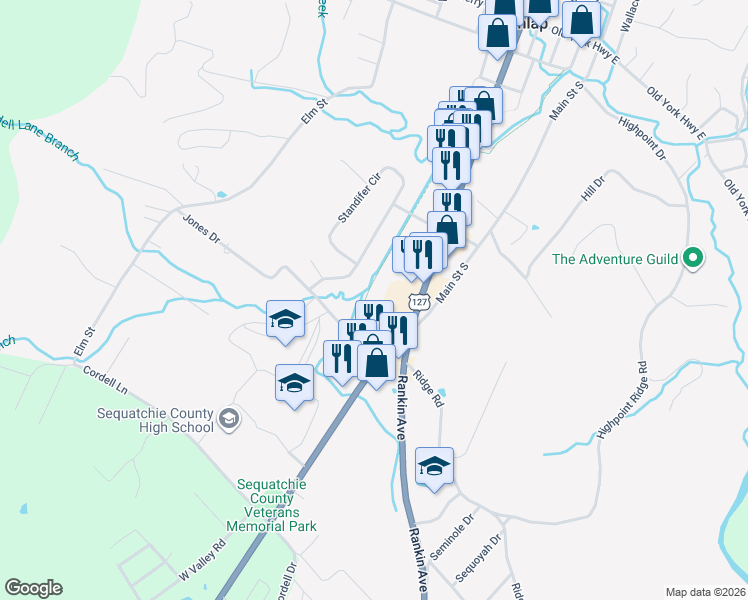 map of restaurants, bars, coffee shops, grocery stores, and more near L Railroad Street in Dunlap