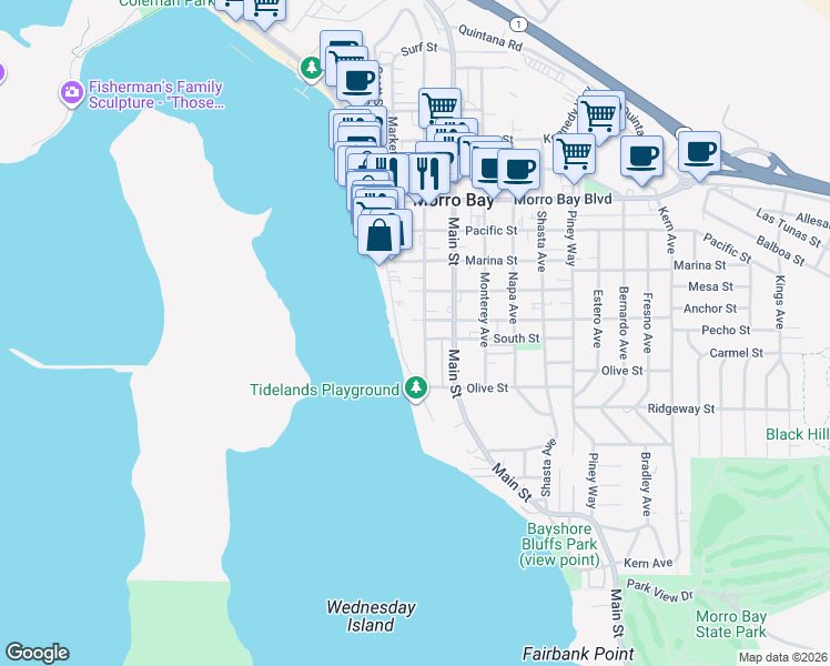 map of restaurants, bars, coffee shops, grocery stores, and more near 485 Morro Avenue in Morro Bay