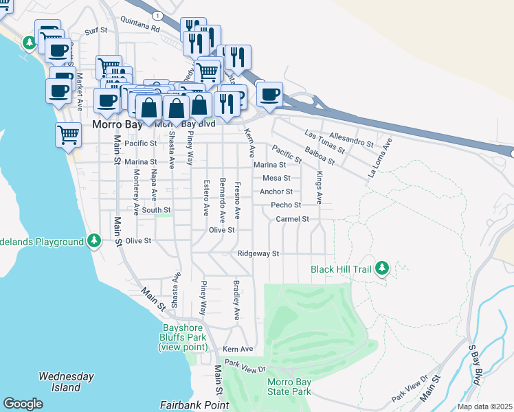 map of restaurants, bars, coffee shops, grocery stores, and more near 534 Kern Avenue in Morro Bay