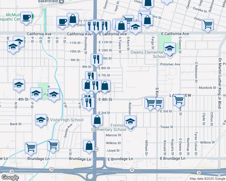 map of restaurants, bars, coffee shops, grocery stores, and more near 527 Villa Street in Bakersfield