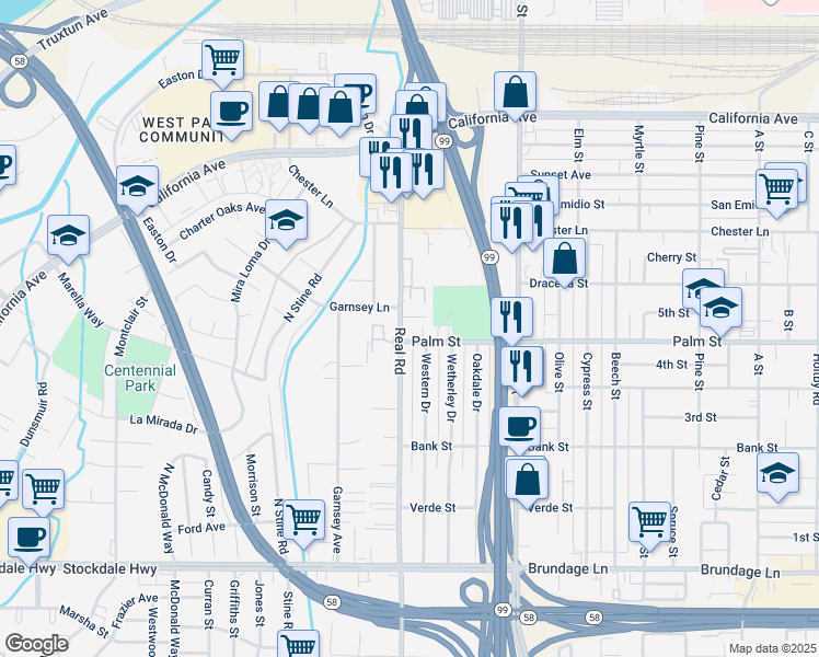 map of restaurants, bars, coffee shops, grocery stores, and more near 500 Real Road in Bakersfield