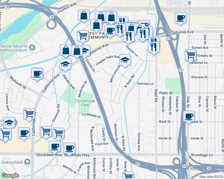 map of restaurants, bars, coffee shops, grocery stores, and more near 4305 Woodlake Drive in Bakersfield