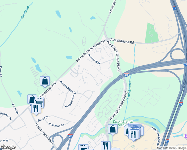 map of restaurants, bars, coffee shops, grocery stores, and more near 10239 Reindeer Way Lane in Charlotte