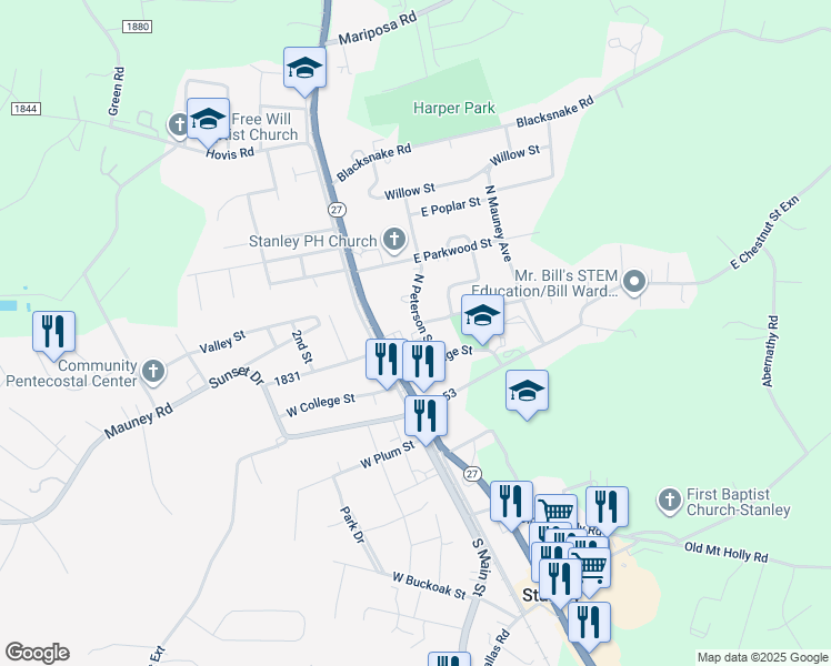 map of restaurants, bars, coffee shops, grocery stores, and more near 311 North Peterson Street in Stanley