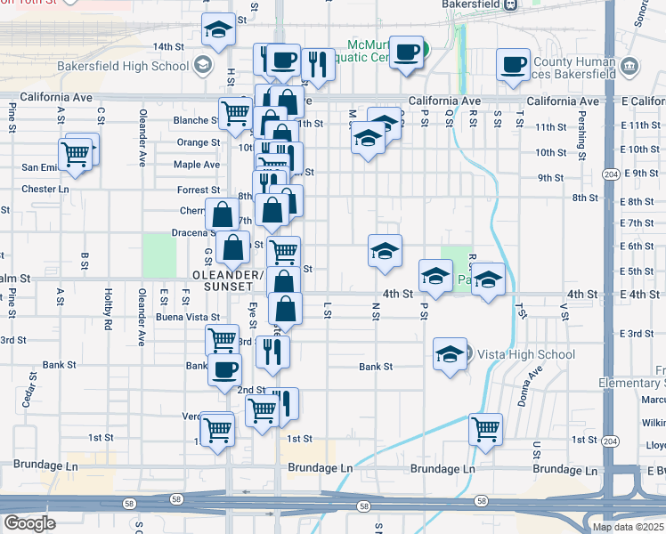 map of restaurants, bars, coffee shops, grocery stores, and more near 500 L Street in Bakersfield