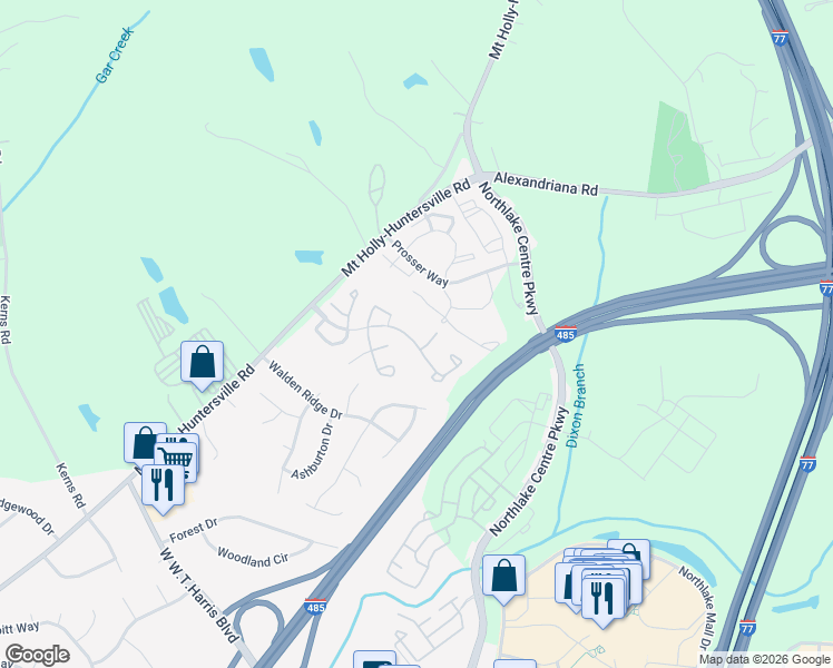map of restaurants, bars, coffee shops, grocery stores, and more near 10239 Reindeer Way Lane in Charlotte