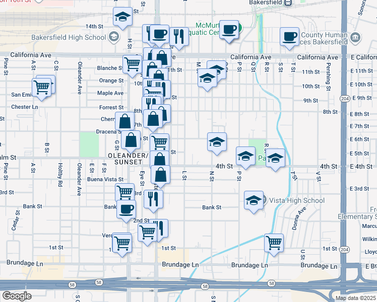 map of restaurants, bars, coffee shops, grocery stores, and more near 500 L Street in Bakersfield