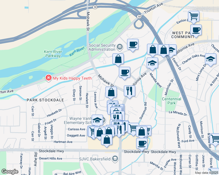 map of restaurants, bars, coffee shops, grocery stores, and more near 900 Mohawk Street in Bakersfield