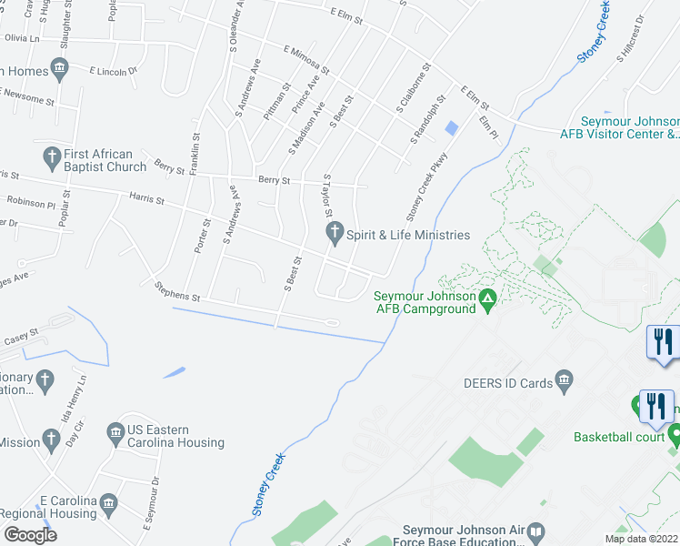 map of restaurants, bars, coffee shops, grocery stores, and more near 1912 Harris Street in Goldsboro