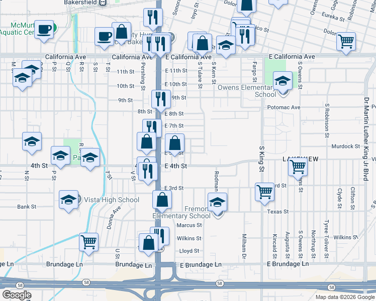 map of restaurants, bars, coffee shops, grocery stores, and more near 527 Villa Street in Bakersfield