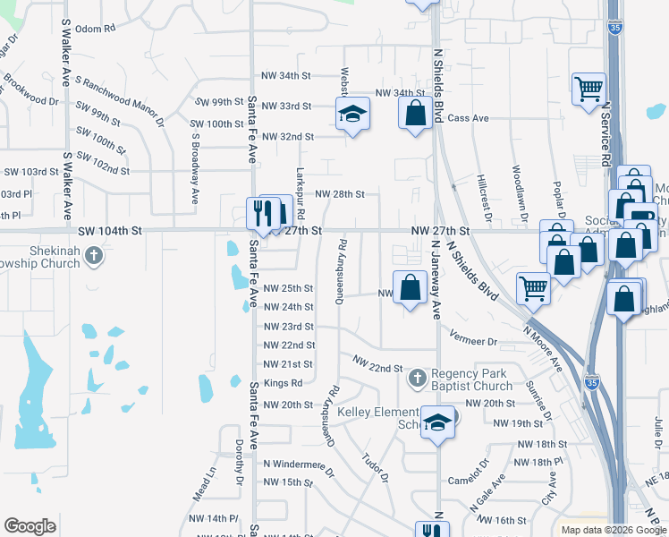 map of restaurants, bars, coffee shops, grocery stores, and more near 2700 Kings Road in Moore