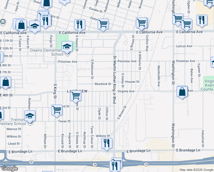 map of restaurants, bars, coffee shops, grocery stores, and more near 1425 Murdock Street in Bakersfield