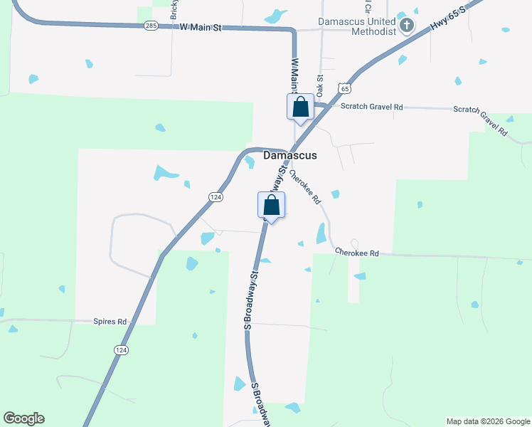 map of restaurants, bars, coffee shops, grocery stores, and more near 62 U.S. 65 in Damascus