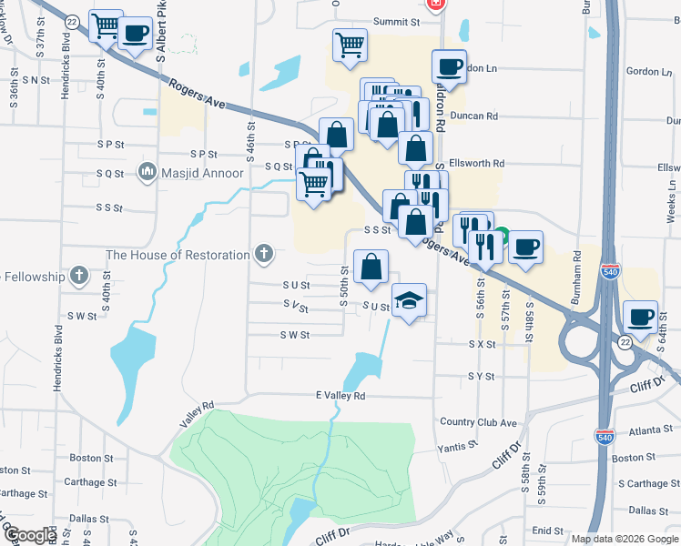 map of restaurants, bars, coffee shops, grocery stores, and more near 4914 Saint Andrews Way in Fort Smith
