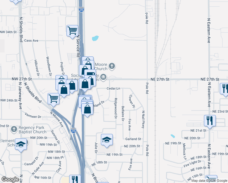 map of restaurants, bars, coffee shops, grocery stores, and more near 2601 Highland Drive in Moore
