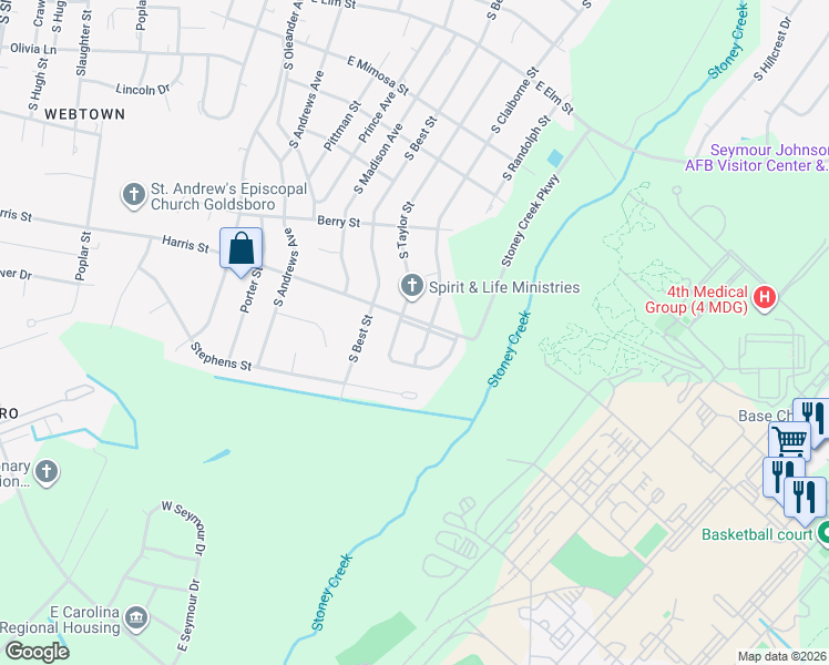 map of restaurants, bars, coffee shops, grocery stores, and more near 1021 South Claiborne Street in Goldsboro