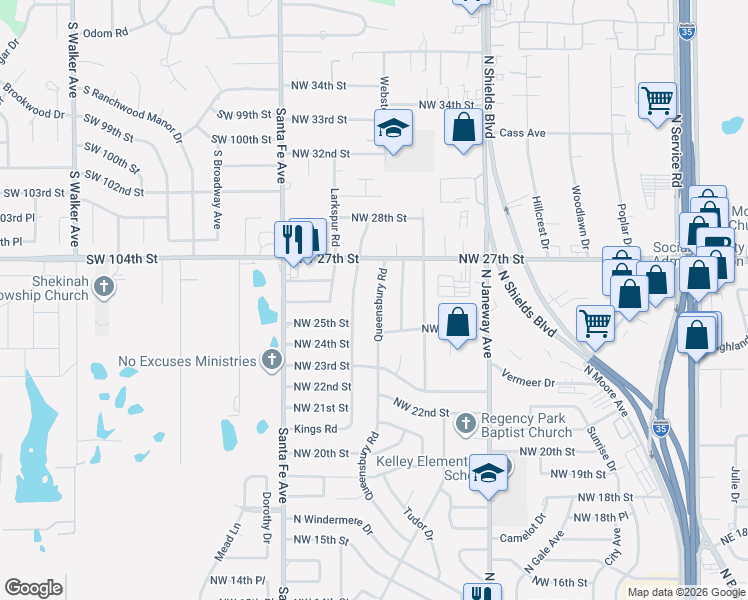 map of restaurants, bars, coffee shops, grocery stores, and more near 2700 Kings Road in Moore