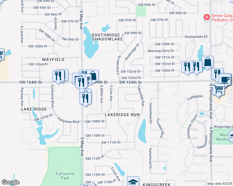 map of restaurants, bars, coffee shops, grocery stores, and more near 2664 Southwest 105th Street in Oklahoma City