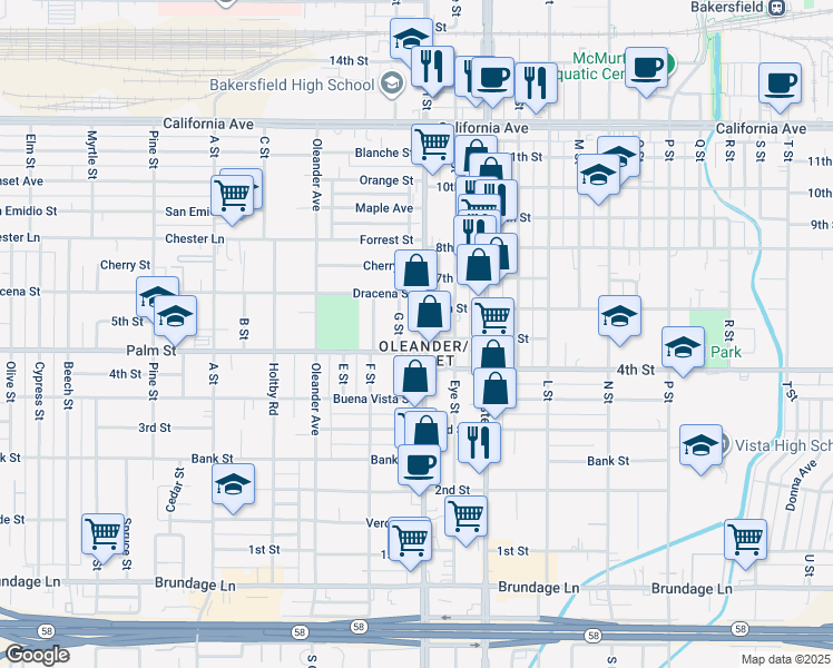 map of restaurants, bars, coffee shops, grocery stores, and more near 509 H Street in Bakersfield
