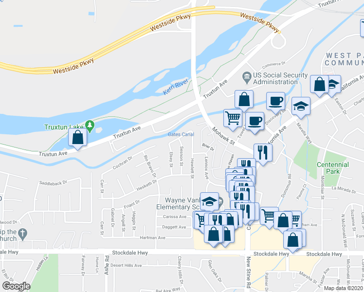 map of restaurants, bars, coffee shops, grocery stores, and more near 809 Sesnon Street in Bakersfield