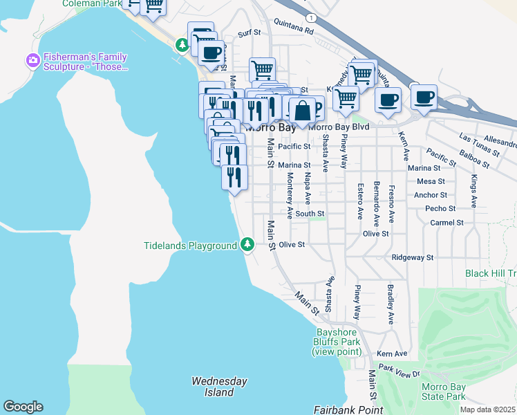 map of restaurants, bars, coffee shops, grocery stores, and more near 490 Morro Avenue in Morro Bay