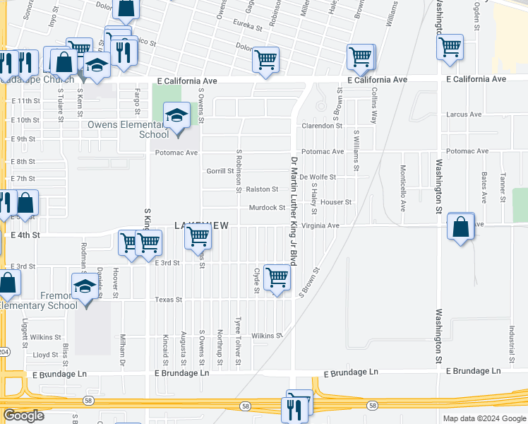 map of restaurants, bars, coffee shops, grocery stores, and more near 1409 Murdock Street in Bakersfield