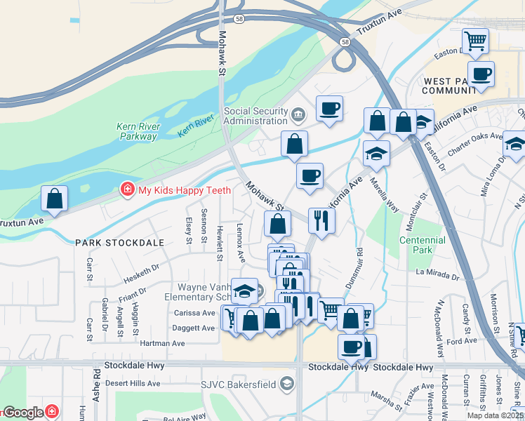 map of restaurants, bars, coffee shops, grocery stores, and more near 1001 Mohawk Street in Bakersfield