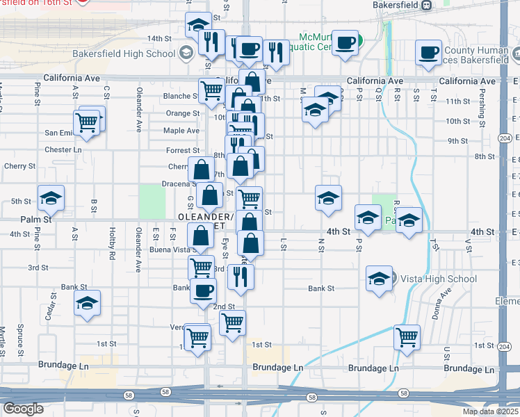 map of restaurants, bars, coffee shops, grocery stores, and more near 503 K Street in Bakersfield