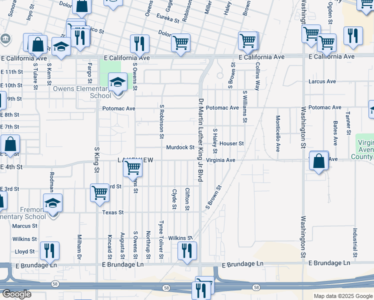map of restaurants, bars, coffee shops, grocery stores, and more near 1425 Murdock Street in Bakersfield
