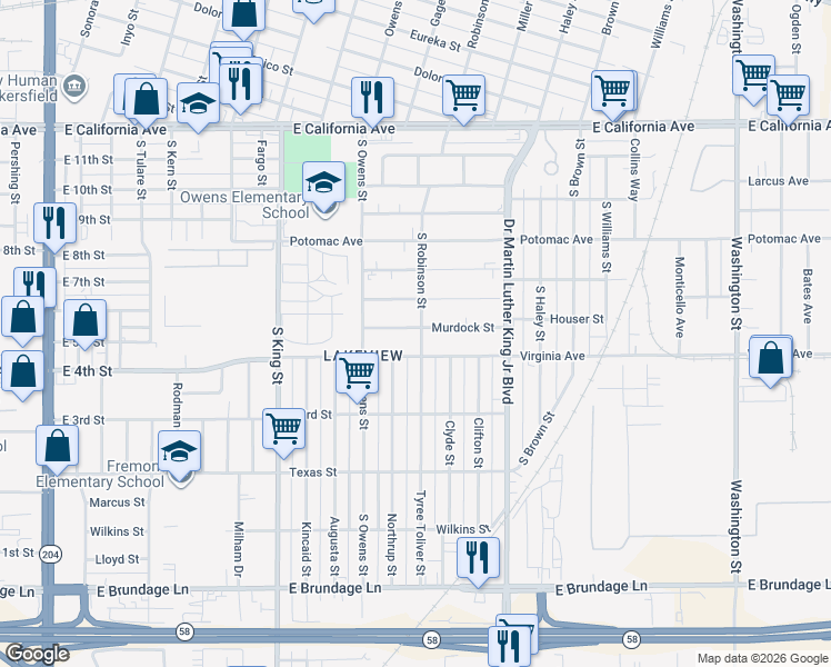 map of restaurants, bars, coffee shops, grocery stores, and more near 420 South Robinson Street in Bakersfield