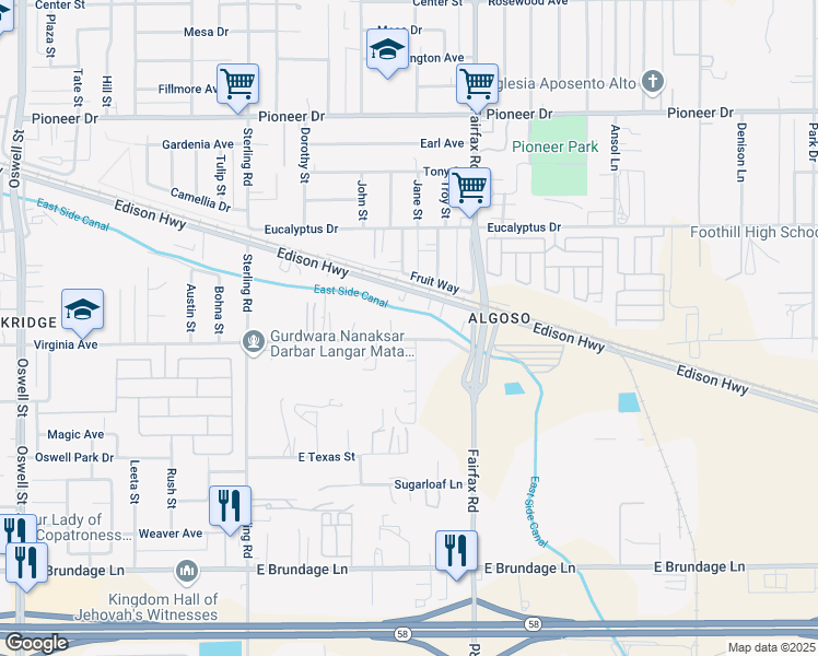 map of restaurants, bars, coffee shops, grocery stores, and more near 4316 Deacon Avenue in Bakersfield