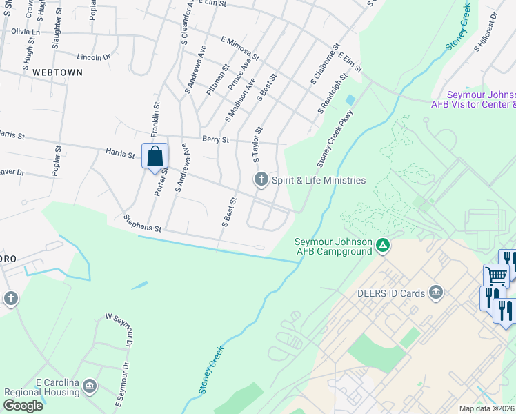 map of restaurants, bars, coffee shops, grocery stores, and more near 1021 South Claiborne Street in Goldsboro