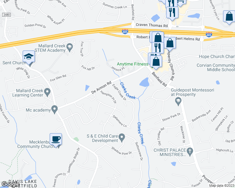 map of restaurants, bars, coffee shops, grocery stores, and more near 5127 Eagle Creek Drive in Charlotte