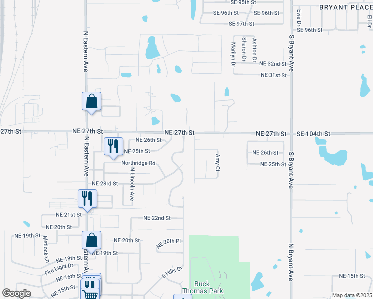 map of restaurants, bars, coffee shops, grocery stores, and more near 2624 East Hills Drive in Moore
