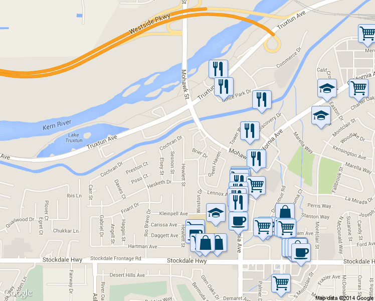 map of restaurants, bars, coffee shops, grocery stores, and more near 904 Hewlett Street in Bakersfield