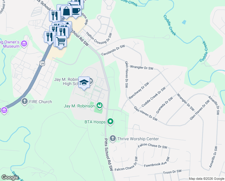 map of restaurants, bars, coffee shops, grocery stores, and more near 255-265 Pitts School Road Southwest in Concord