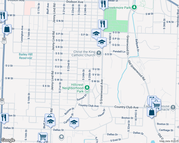 map of restaurants, bars, coffee shops, grocery stores, and more near 2120 Packard Place in Fort Smith