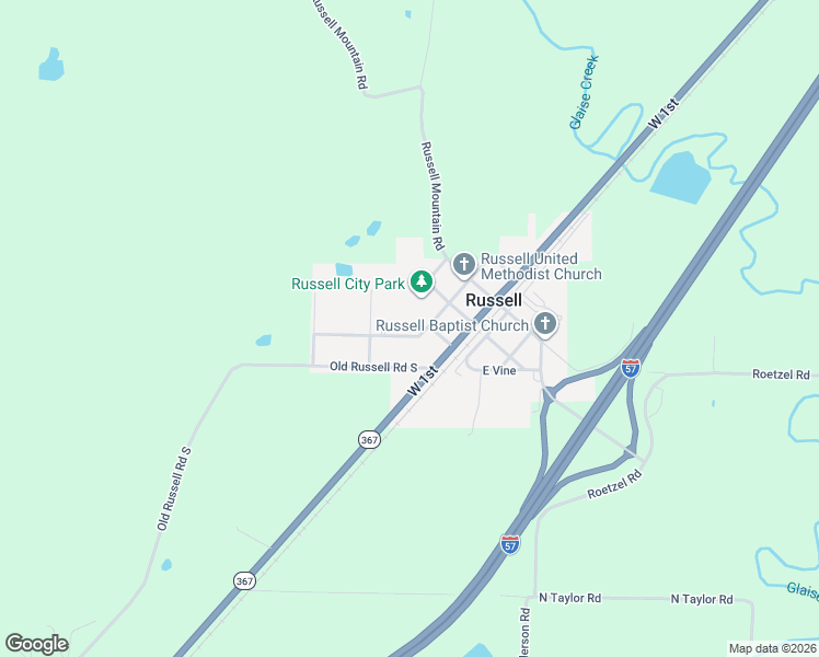 map of restaurants, bars, coffee shops, grocery stores, and more near 308 Southwest 2nd Street in Russell