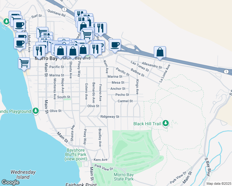 map of restaurants, bars, coffee shops, grocery stores, and more near 925 Pecho Street in Morro Bay