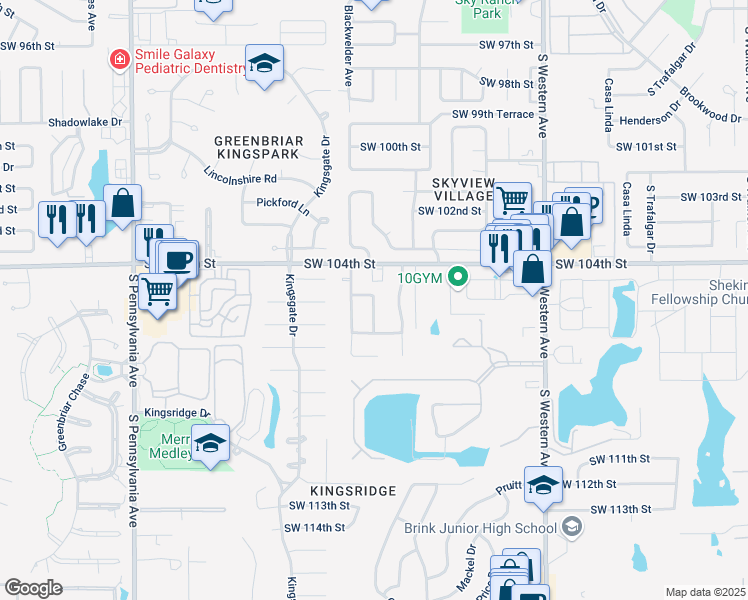 map of restaurants, bars, coffee shops, grocery stores, and more near 10513 South McKinley Avenue in Oklahoma City