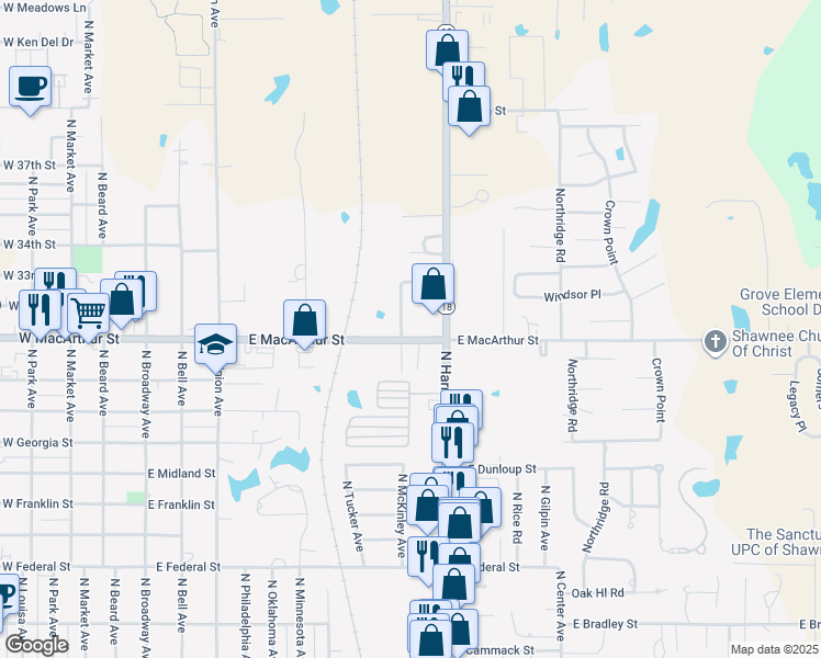 map of restaurants, bars, coffee shops, grocery stores, and more near 3031 North Tucker Avenue in Shawnee