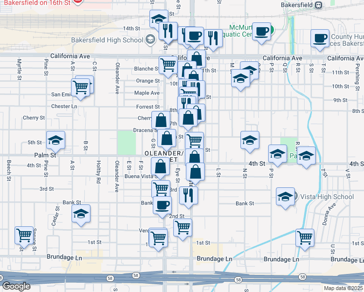 map of restaurants, bars, coffee shops, grocery stores, and more near 506 Eye Street in Bakersfield