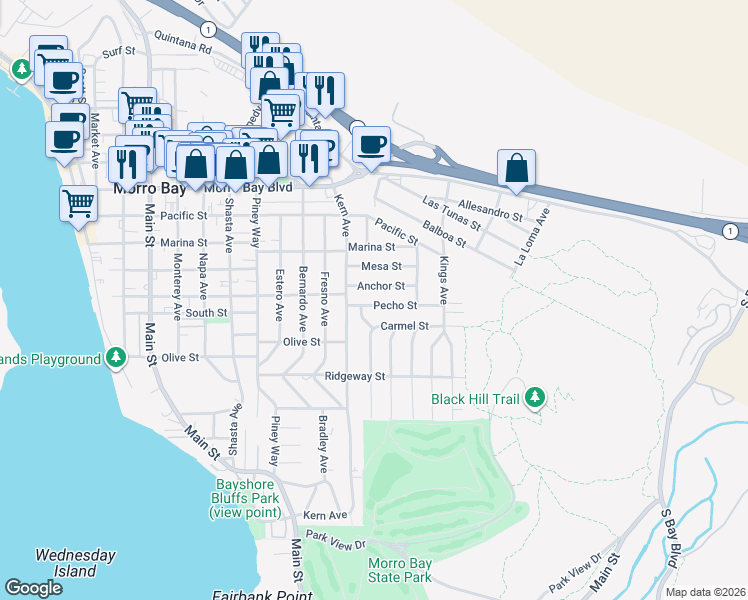 map of restaurants, bars, coffee shops, grocery stores, and more near 925 Pecho Street in Morro Bay