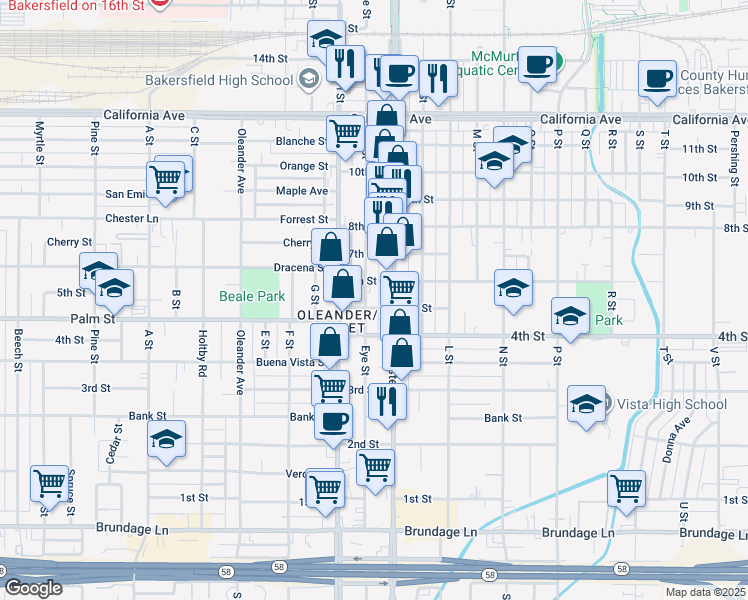 map of restaurants, bars, coffee shops, grocery stores, and more near 525 Eye Street in Bakersfield