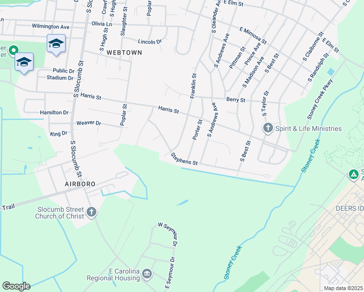 map of restaurants, bars, coffee shops, grocery stores, and more near 1220 Franklin Street in Goldsboro
