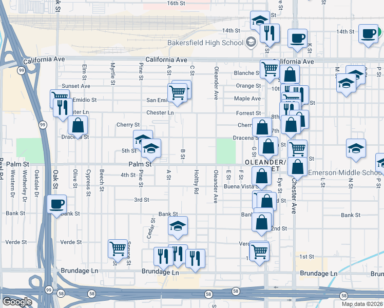 map of restaurants, bars, coffee shops, grocery stores, and more near 520 B Street in Bakersfield