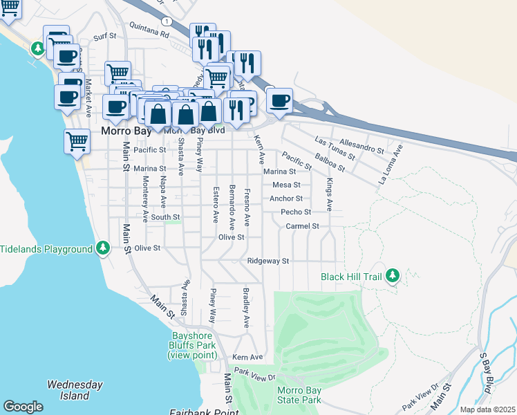 map of restaurants, bars, coffee shops, grocery stores, and more near 890 Anchor Street in Morro Bay