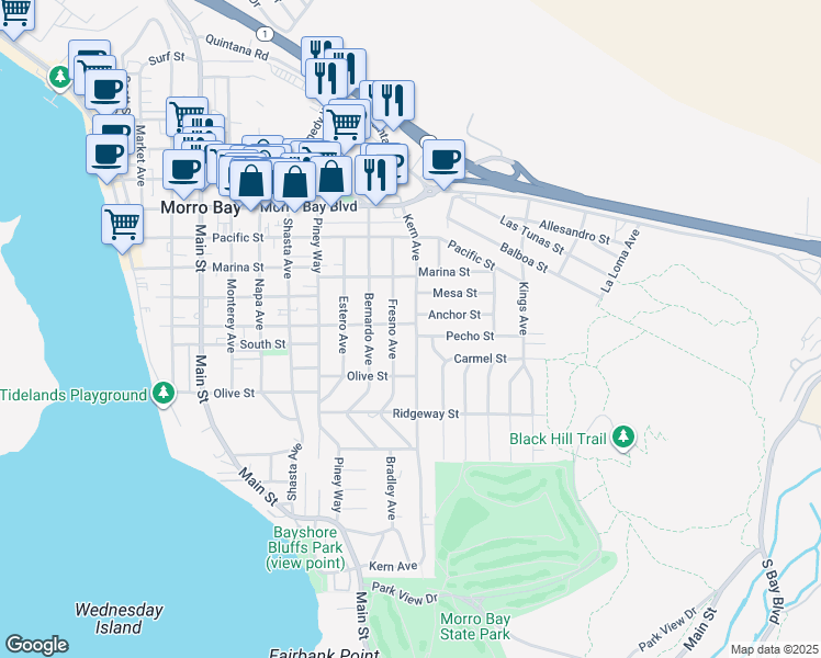 map of restaurants, bars, coffee shops, grocery stores, and more near 890 Anchor Street in Morro Bay