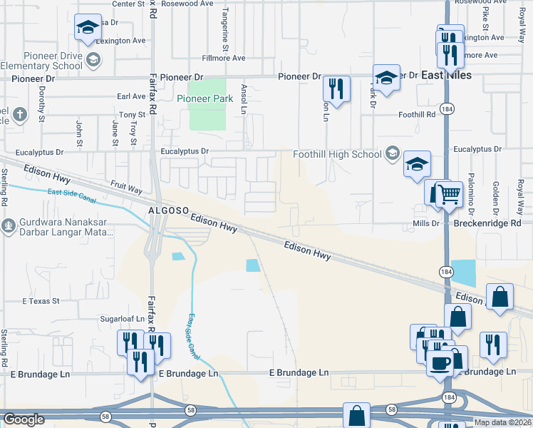 map of restaurants, bars, coffee shops, grocery stores, and more near 7000-7888 Edison Highway in Bakersfield