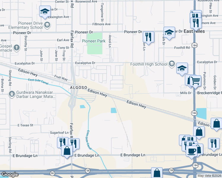 map of restaurants, bars, coffee shops, grocery stores, and more near 6626-6998 Edison Highway in Bakersfield